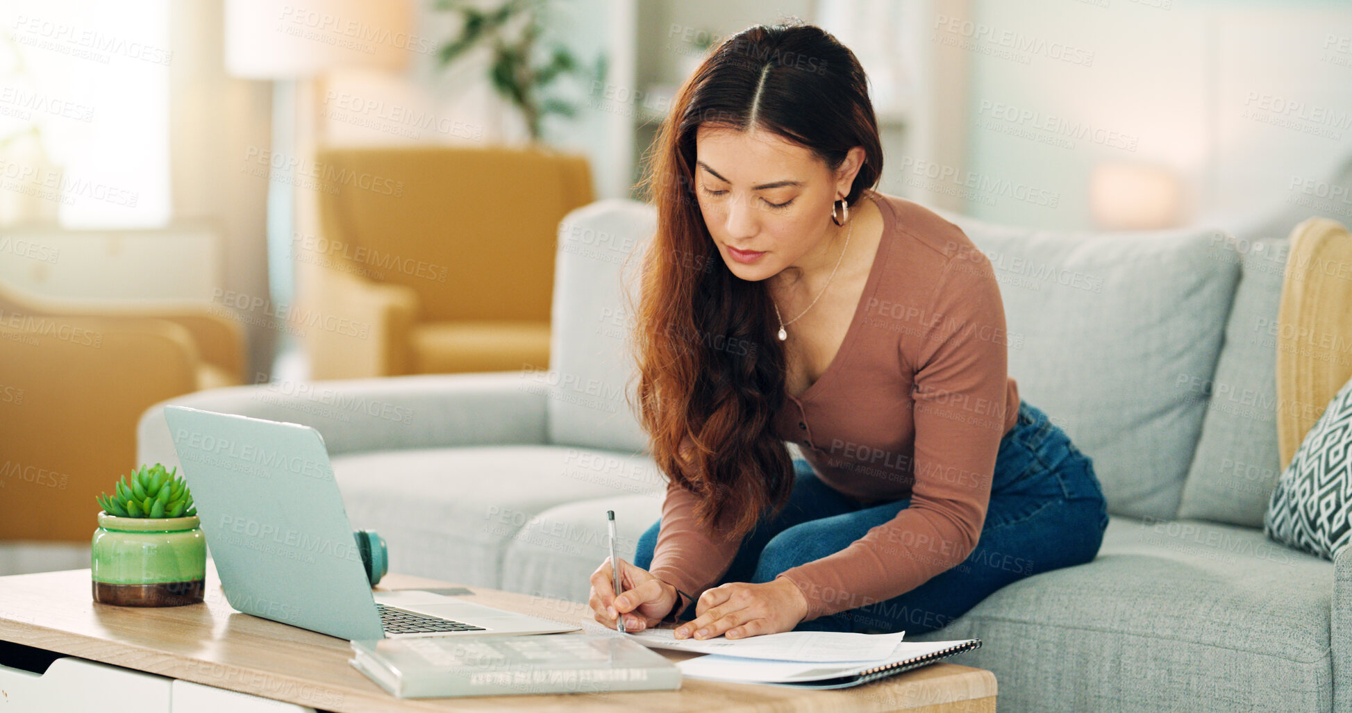 Buy stock photo Entrepreneur, professional and startup worker on her laptop inside home office. Woman thinking, idea and planning digital marketing employee online. Remote, communication and email in house lounge.