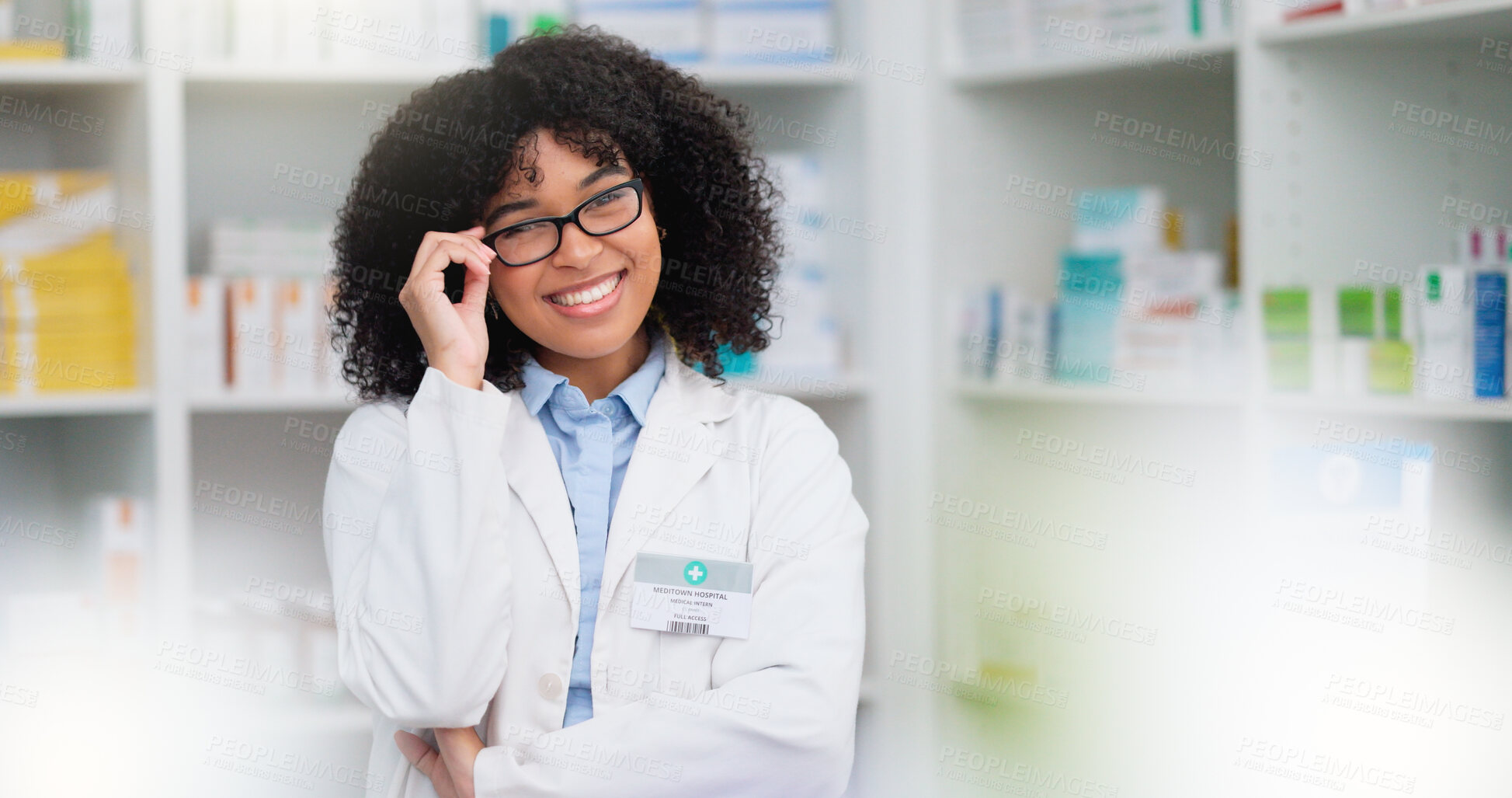 Buy stock photo A friendly female pharmacist with a bright smile is about to help patients at the dispensary. Portrait of happy woman healthcare professional smiling at the pharmacy. A doctor taking off her glasses