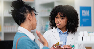 Buy stock photo Happy pharmacy woman consultant helping customer with her prescription. Female pharmacist giving instructions to her client in more detail. Understanding customer listening to professional.