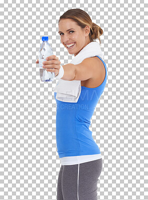 Buy stock photo Woman, smile in portrait and water bottle, fitness and health with hydration isolated on transparent png background. Mineral drink, wellness and female person, exercise and workout with h2o 