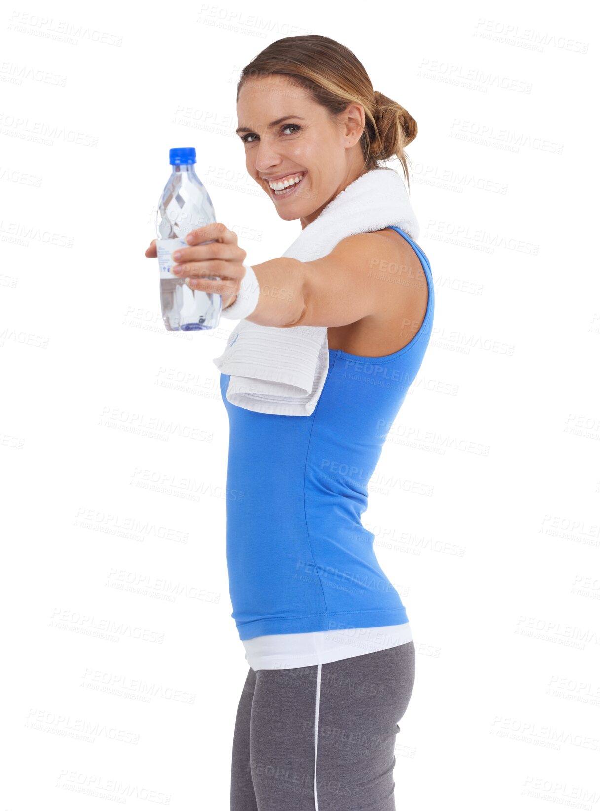 Buy stock photo Woman, smile in portrait and water bottle, fitness and health with hydration isolated on transparent png background. Mineral drink, wellness and female person, exercise and workout with h2o 