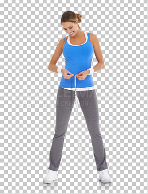 Buy stock photo Fitness, measure tape and happy woman for lose weight results, health workout and training progress. Athlete, person or model smile for sports or exercise goals isolated on transparent png background