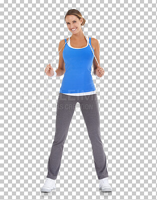 Buy stock photo Woman, tape measure and lose weight for health, wellness and fitness progress isolated on transparent png background. Healthy body, weightloss and diet of female person in portrait for exercise goals