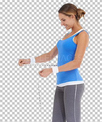 Buy stock photo Woman, fitness and tape measure with waist and lose weight, health and progress isolated on transparent png background. Healthy, weightloss and diet, female person with smile and measuring body