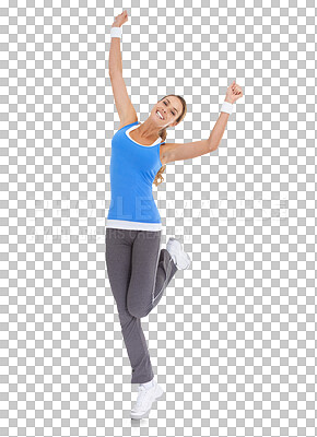 Buy stock photo Isolated woman, celebration and fitness portrait with smile, success and fist in air by transparent png background. Girl, model or excited personal trainer with body goals, win or workout achievement