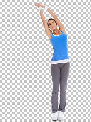 Buy stock photo Stretching, fitness and body with portrait of woman on transparent background for training, workout and challenge. Exercise, performance and warm up with person isolated on png for running and health