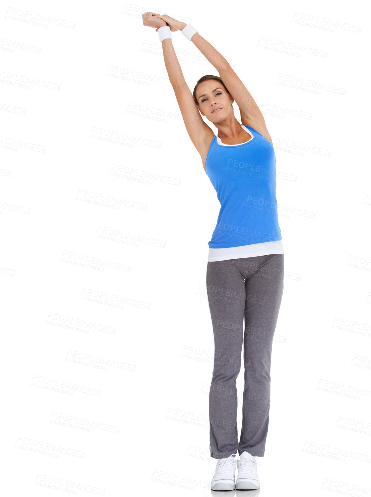 Buy stock photo Stretching, fitness and body with portrait of woman on transparent background for training, workout and challenge. Exercise, performance and warm up with person isolated on png for running and health