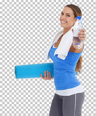 Buy stock photo Portrait, yoga mat and woman with water, happy and excited isolated on a transparent png background. Pilates, bottle and athlete with drink for healthy nutrition after exercise, workout or training.