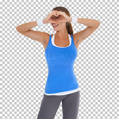 Buy stock photo Heart shape, fitness and portrait of a woman with a smile for training workout. Smile, health and female athlete with love hand gesture over eye after exercise isolated on transparent png background