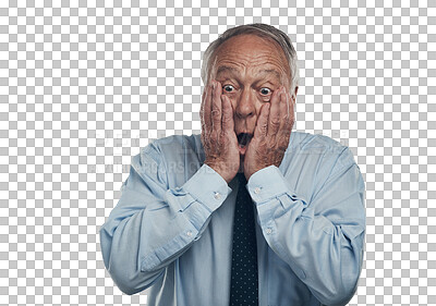 Buy stock photo Senior, business man and shock or scared with hands on face for stress, panic or fear. Professional executive person with surprise, anxiety or disbelief emoji isolated on transparent png background