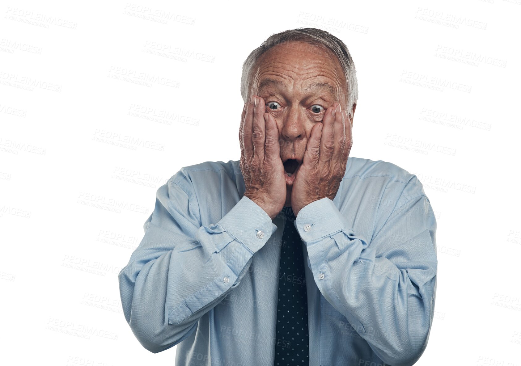 Buy stock photo Senior, business man and shock or scared with hands on face for stress, panic or fear. Professional executive person with surprise, anxiety or disbelief emoji isolated on transparent png background