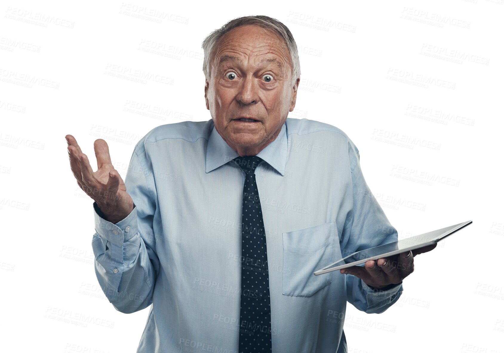 Buy stock photo Isolated senior businessman, confused and tablet in portrait, question or stress by transparent png background. Elderly business man, touchscreen and frustrated with tech glitch, 404 error or mistake