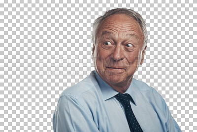 Buy stock photo Wow, thinking and senior man with a surprise, winner and guy isolated against a transparent background. Mature male person, model and pensioner shocked, announcement or wow with png, good news or omg