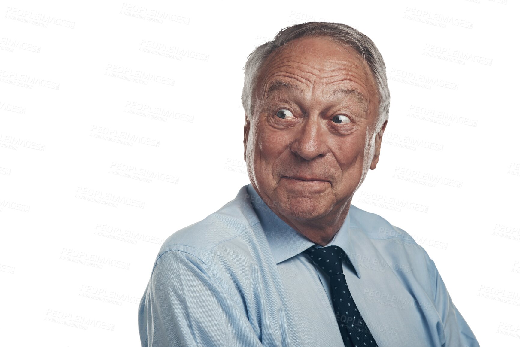 Buy stock photo Wow, thinking and senior man with a surprise, winner and guy isolated against a transparent background. Mature male person, model and pensioner shocked, announcement or wow with png, good news or omg