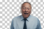 Portrait, wow and senior man with a surprise, winning and guy isolated against a transparent background. Face, mature male person or model shocked, announcement and png with good news, success or omg