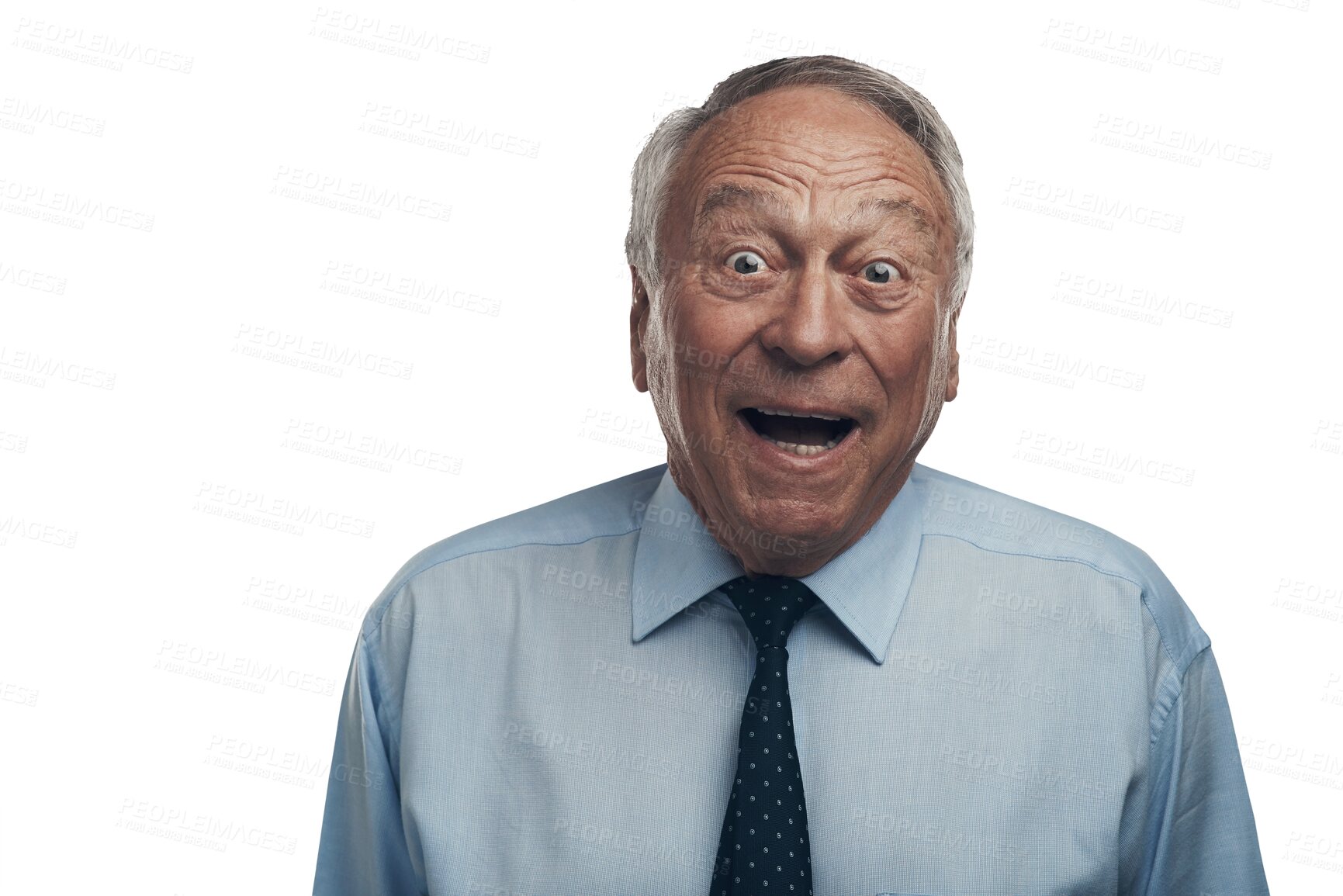 Buy stock photo Portrait, wow and senior man with a surprise, winning and guy isolated against a transparent background. Face, mature male person or model shocked, announcement and png with good news, success or omg