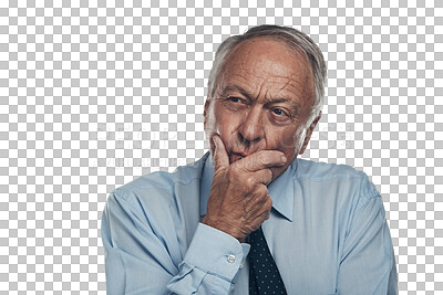 Buy stock photo Thinking, choice and mature businessman with solution, planning or brainstorming facial expression. Memory, question and senior male person with decision face isolated by a transparent png background