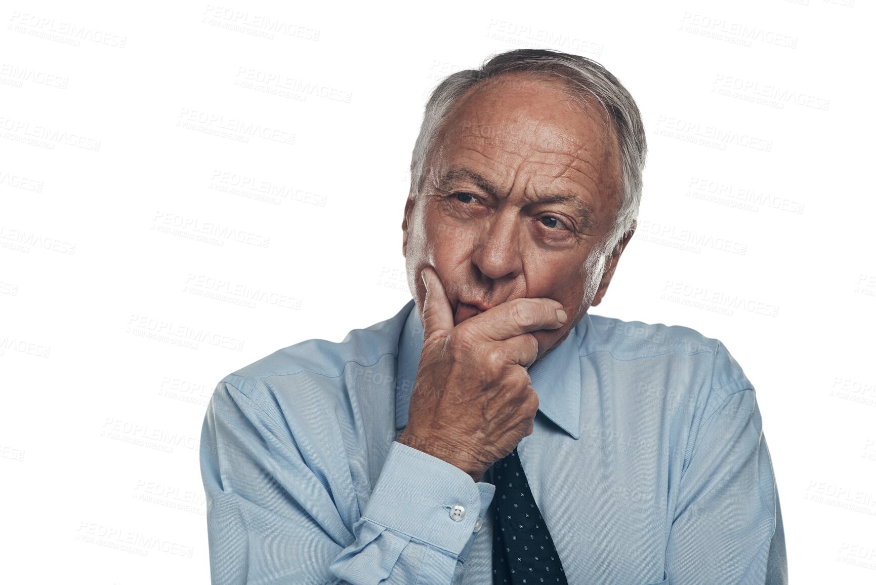 Buy stock photo Thinking, choice and mature businessman with solution, planning or brainstorming facial expression. Memory, question and senior male person with decision face isolated by a transparent png background