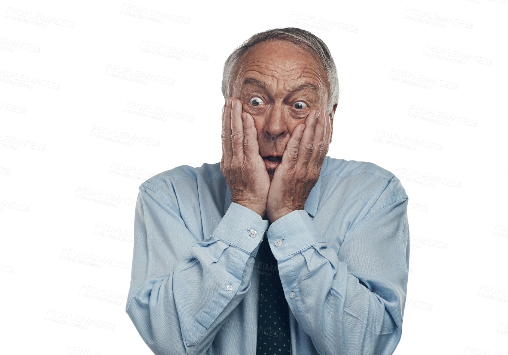 Buy stock photo Business, scared and senior man with fear, shocked and guy isolated against a transparent background. Mature male person, anxious and employee afraid, surprised and panic with horror, anxiety and png