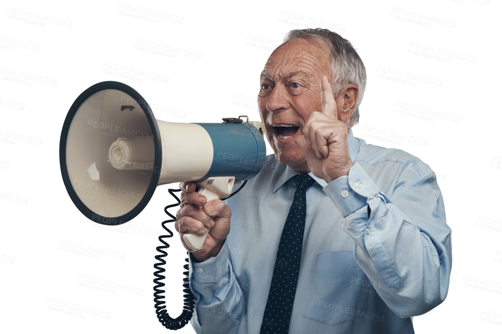 Buy stock photo Isolated senior businessman, megaphone or shout for opinion, vote or promotion by transparent png background. Elderly business man, bullhorn or loudspeaker for voice, noise or speech for announcement