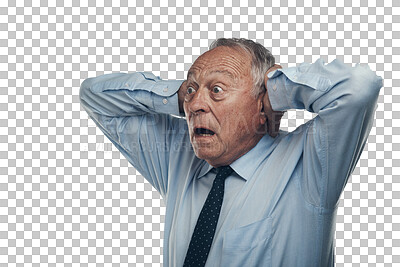 Buy stock photo Surprise, crazy and fear with business man on transparent background for shock, noise and frustrated. Scared, stress and mental health with senior employee isolated on png for anxiety and anger