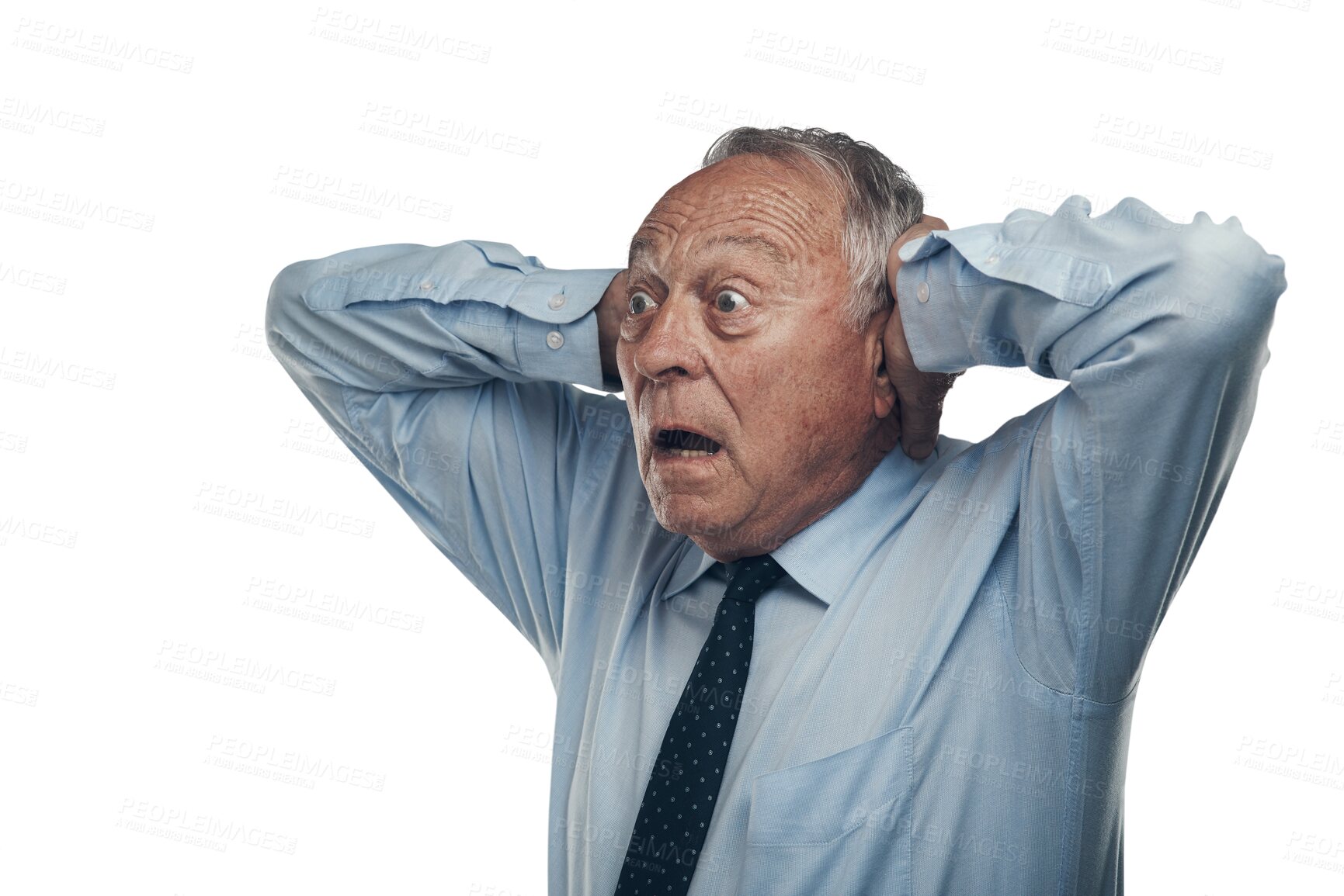 Buy stock photo Surprise, crazy and fear with business man on transparent background for shock, noise and frustrated. Scared, stress and mental health with senior employee isolated on png for anxiety and anger