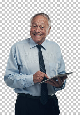 Buy stock photo Isolated senior businessman, tablet and portrait with smile, typing or ceo by transparent png background. Elderly business man, digital touchscreen and happy with communication, schedule or calendar