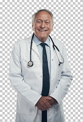 Buy stock photo Portrait, doctor and senior man with healthcare, smile or confident guy isolated against a transparent background. Male person, medical professional or employee with happiness, png and career success