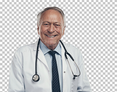 Buy stock photo Medical, portrait and senior male doctor with confidence, smile and positive mindset. Happy, professional and elderly man healthcare worker with stethoscope isolated by a transparent png background.