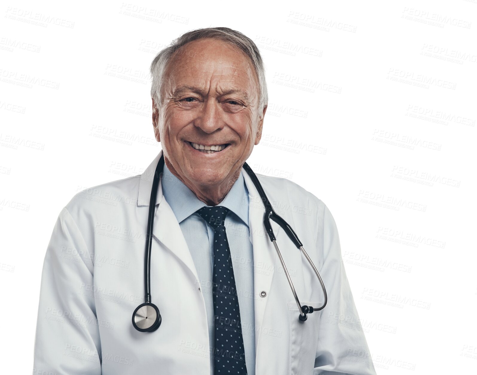 Buy stock photo Medical, portrait and senior male doctor with confidence, smile and positive mindset. Happy, professional and elderly man healthcare worker with stethoscope isolated by a transparent png background.