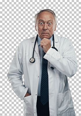 Buy stock photo Portrait, senior man and surprise of doctor isolated on a transparent png background. Shocked, wow and elderly medical professional with emoji for amazed facial expression, healthcare and wellness.