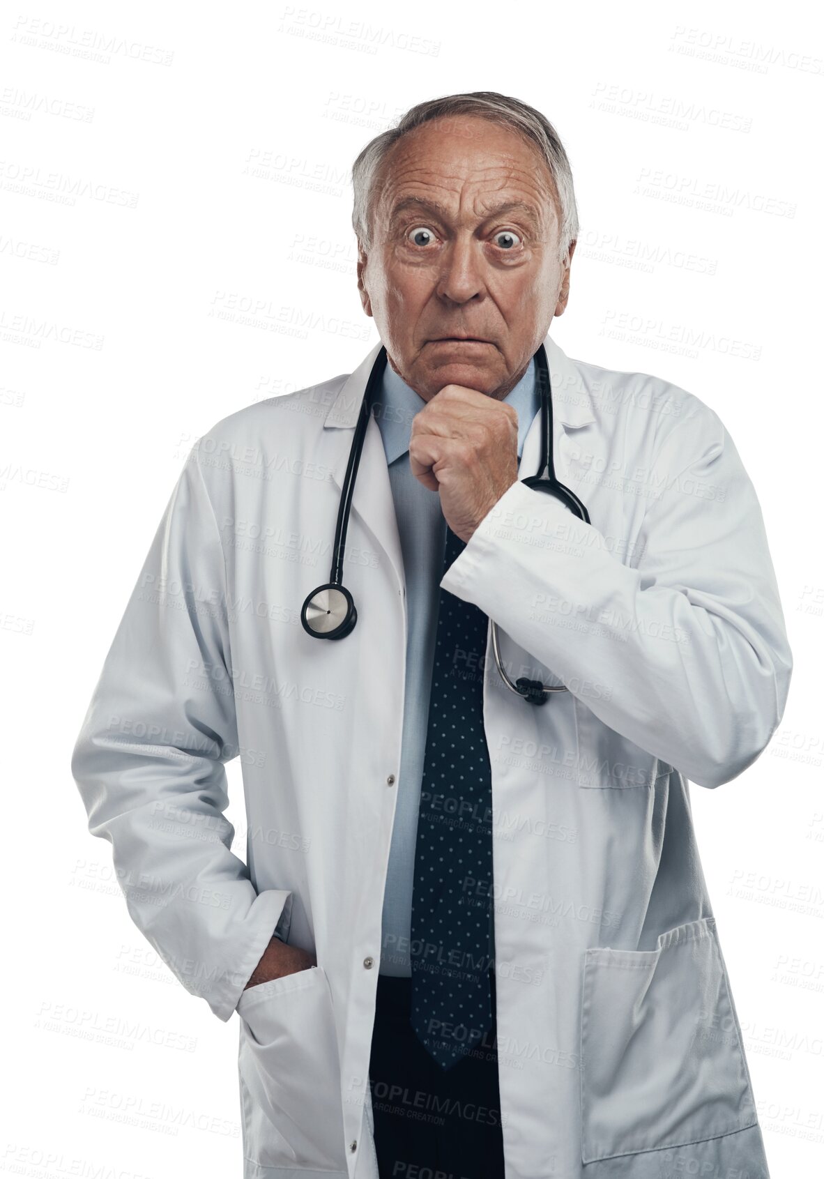 Buy stock photo Portrait, senior man and surprise of doctor isolated on a transparent png background. Shocked, wow and elderly medical professional with emoji for amazed facial expression, healthcare and wellness.