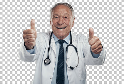 Buy stock photo Support, thumbs up and doctor portrait for healthcare success, thank you or excellence in clinic services. Happy, medical and senior man like, yes or okay hands isolated on transparent png background