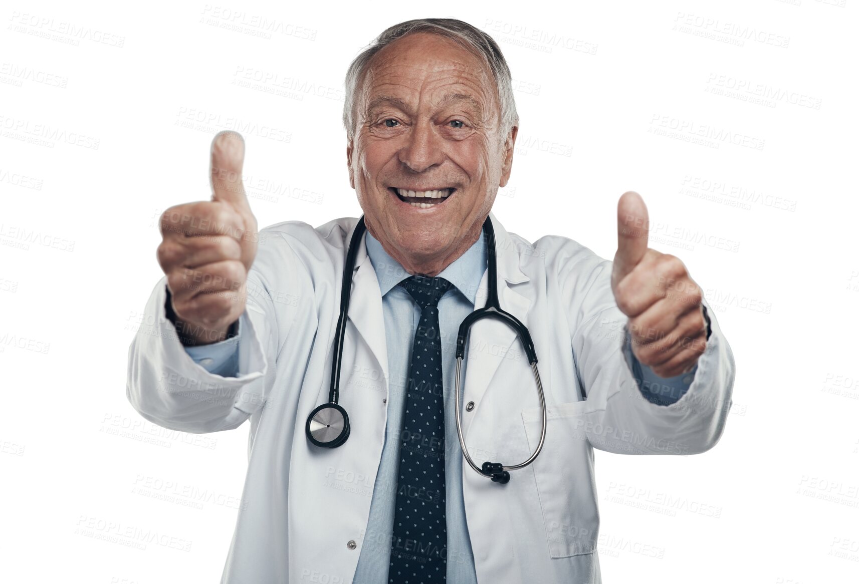 Buy stock photo Support, thumbs up and doctor portrait for healthcare success, thank you or excellence in clinic services. Happy, medical and senior man like, yes or okay hands isolated on transparent png background