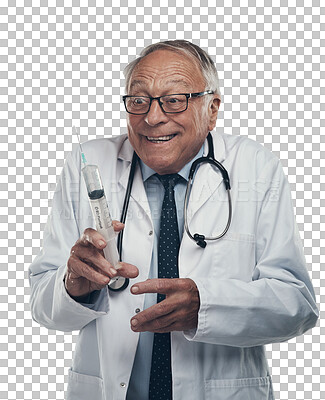 Buy stock photo Syringe, excited and happy doctor or man isolated on transparent png background for healthcare comedy. Needle, shooting medicine and funny senior person or medical worker with wow for liquid or drugs