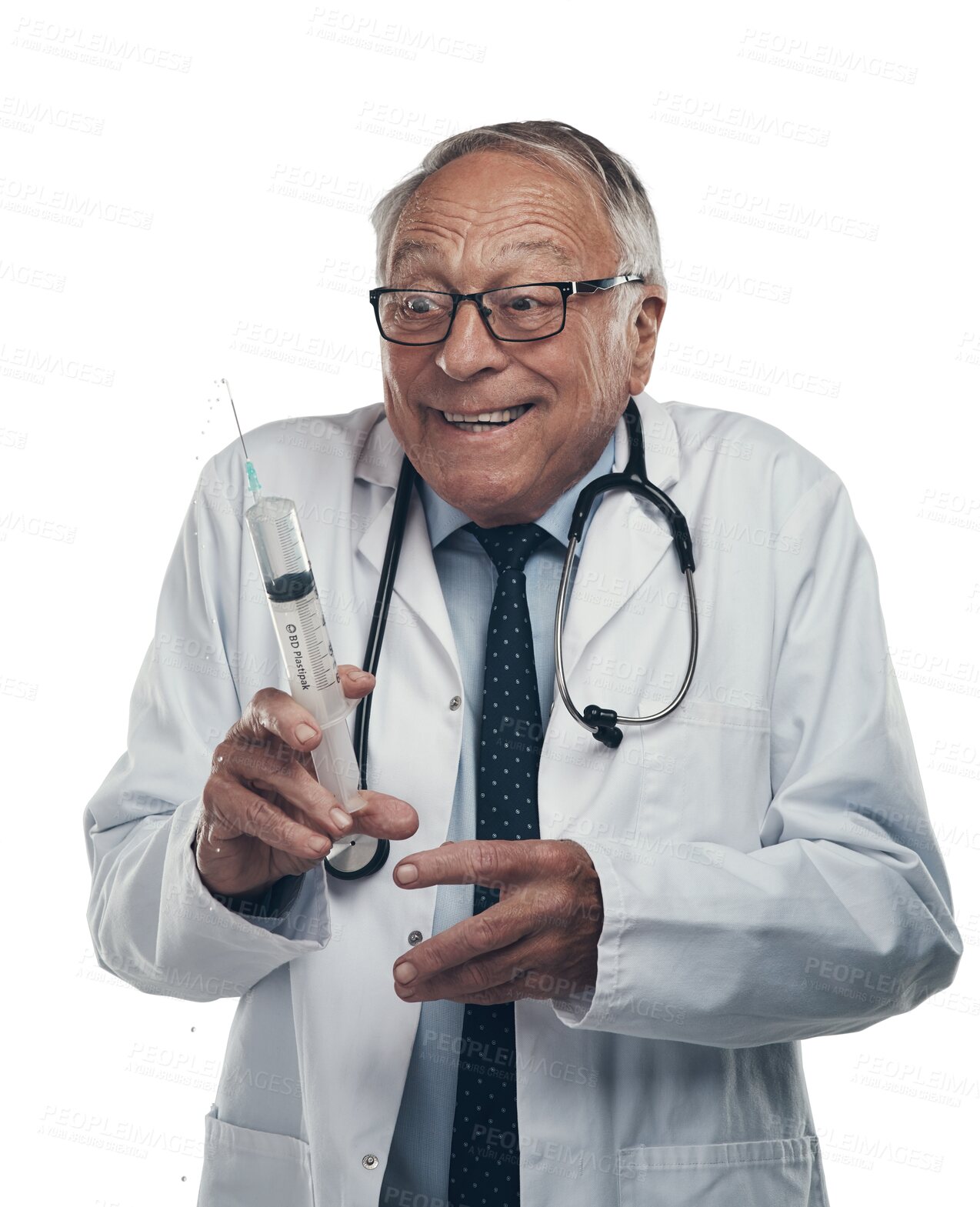 Buy stock photo Syringe, excited and happy doctor or man isolated on transparent png background for healthcare comedy. Needle, shooting medicine and funny senior person or medical worker with wow for liquid or drugs