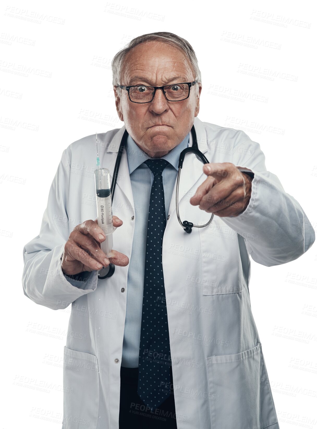 Buy stock photo Isolated senior doctor, point you and portrait for man with syringe, pharma product and transparent png background. Elderly medic, needle and angry with pointing, healthcare and medical vaccine test