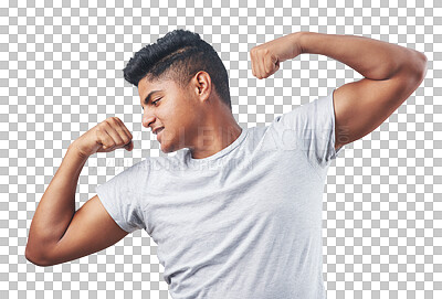 Buy stock photo Flexing, strength and young man with muscles after bodybuilding workout or training. Fitness, strong and confident male athlete showing his arms after exercise isolated by transparent png background.