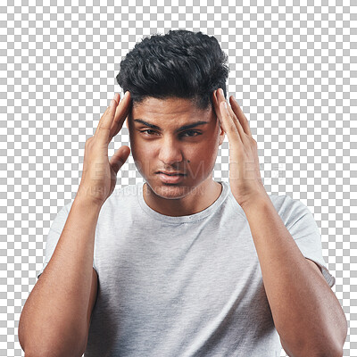 Buy stock photo Portrait, stress and man with a headache, health issue and guy isolated against a transparent background. Face, male person or model with a migraine, medical problem and frustrated with png and pain 