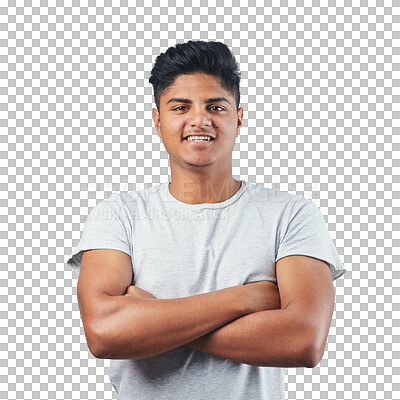 Buy stock photo Smile, crossed arms and portrait of a man with confidence and a positive happy mindset. Happiness, young and headshot of a male model with a casual tshirt isolated by a transparent png background.