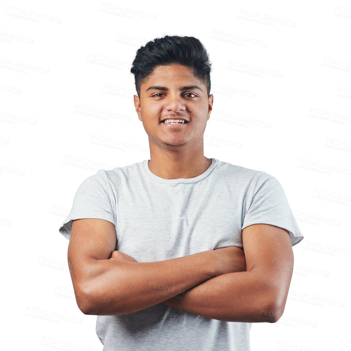 Buy stock photo Smile, crossed arms and portrait of a man with confidence and a positive happy mindset. Happiness, young and headshot of a male model with a casual tshirt isolated by a transparent png background.