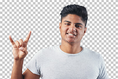 Buy stock photo Portrait, hand and man with rock sign, grunge and guy isolated against a transparent background. Face, male person and model with heavy metal symbol, punk and hard rocker with png, freedom and emoji