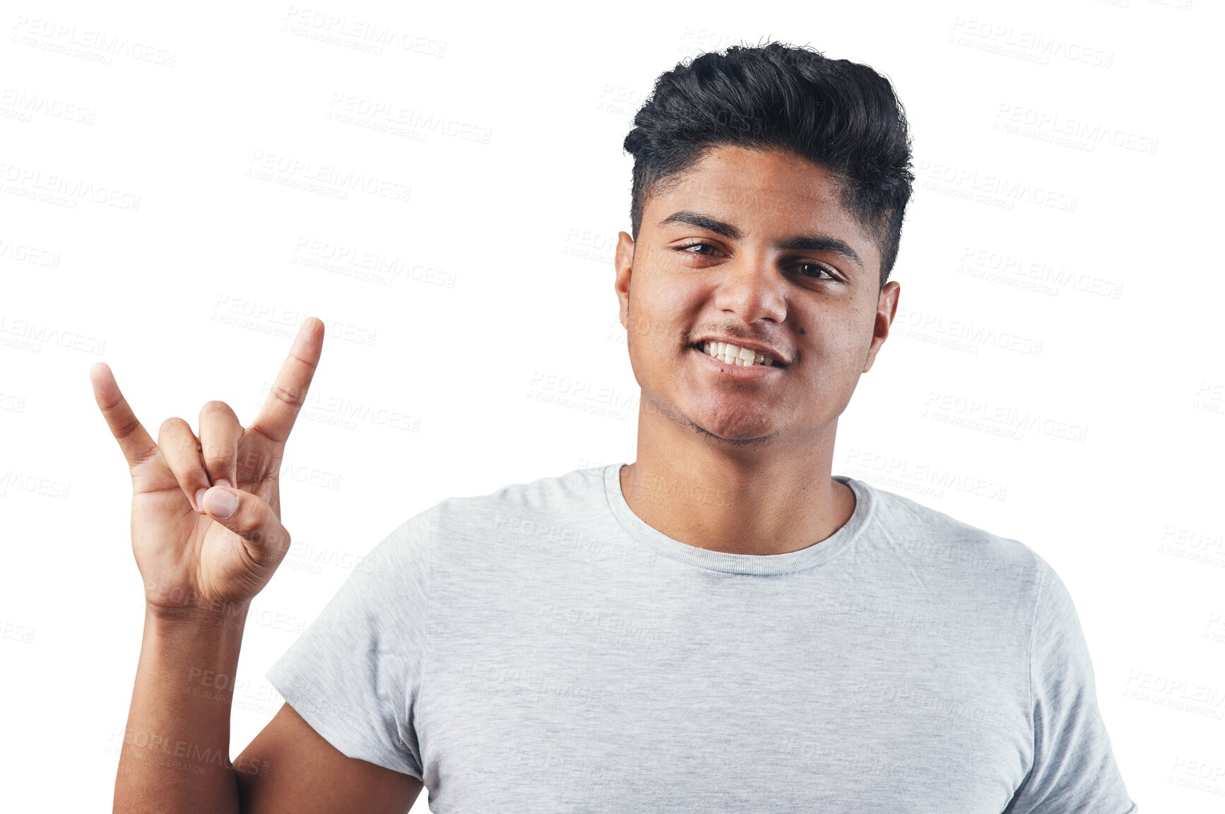 Buy stock photo Portrait, hand and man with rock sign, grunge and guy isolated against a transparent background. Face, male person and model with heavy metal symbol, punk and hard rocker with png, freedom and emoji