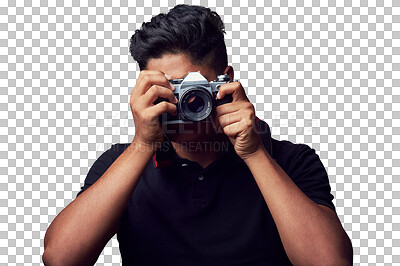 Buy stock photo Isolated photographer man, camera and shooting for journalist job by transparent png background. Male photography expert, retro tech and professional photoshoot for magazine, newspaper or art blog