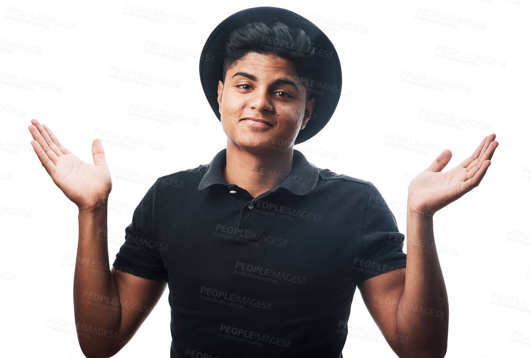 Buy stock photo Choice, portrait and happy man with open hands, transparent or positive mindset. Casual style, smile and cool indian person with hand gesture for shrug or unsure emoji isolated on png background