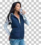 PNG A studio shot of a beautiful woman drinking a glass of waterisolated on a transparent PNG background