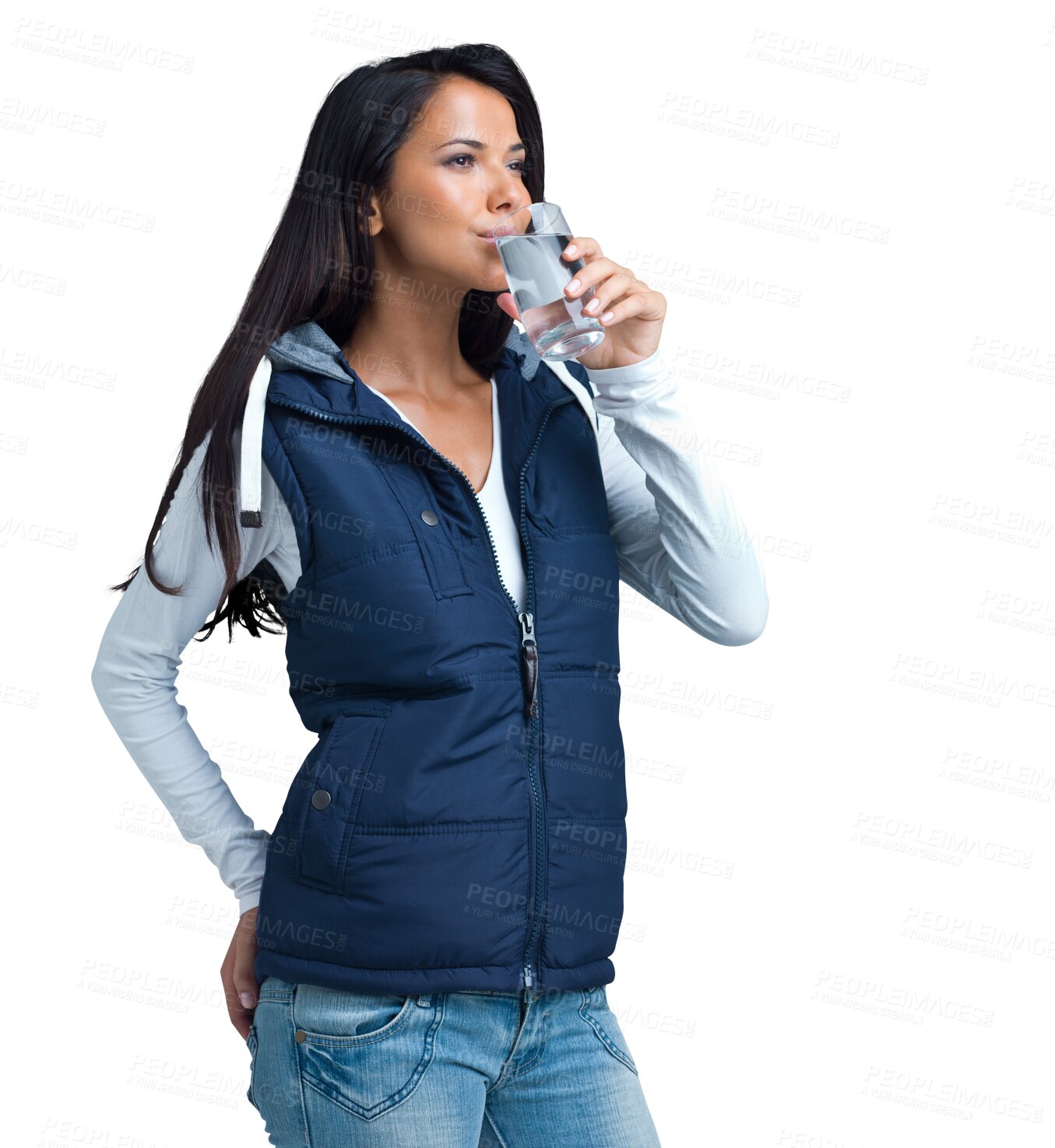 Buy stock photo Healthy, thinking or woman drinking water for hydration isolated on transparent png background. Winter jacket, natural or thirsty girl with fresh cold glass of h2o liquid drink for wellness or detox