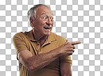 PNG Studio shot of an elderly man pointing in at something and smiling against a grey background