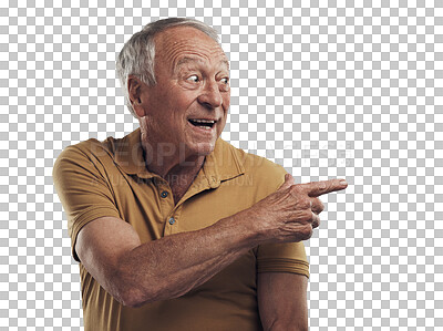 Buy stock photo Pointing, opportunity and senior man with a decision, choice and guy isolated against a transparent background. Mature male person, pensioner or model with hand gesture, showing or promotion with png