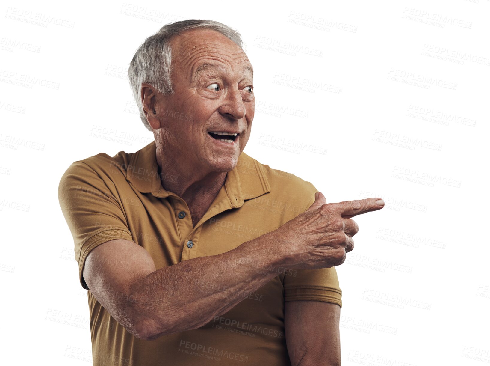 Buy stock photo Pointing, opportunity and senior man with a decision, choice and guy isolated against a transparent background. Mature male person, pensioner or model with hand gesture, showing or promotion with png